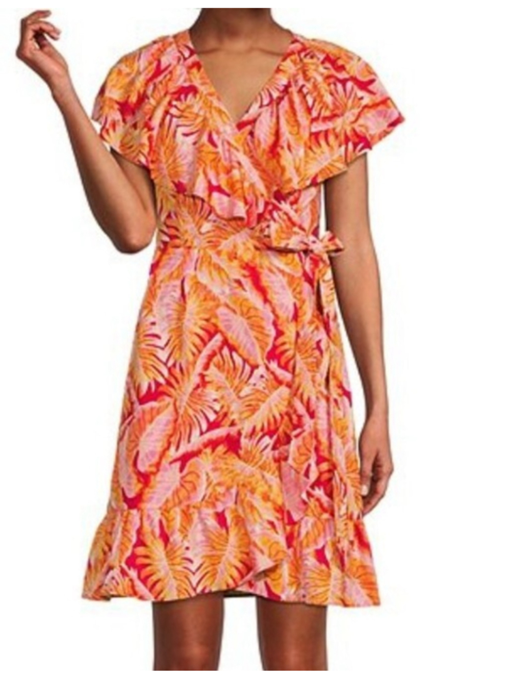 GIBSON-LATIMER Linen Wrap Ruffled Edge Dress Tropical Leaves Pink & Red Sz XL